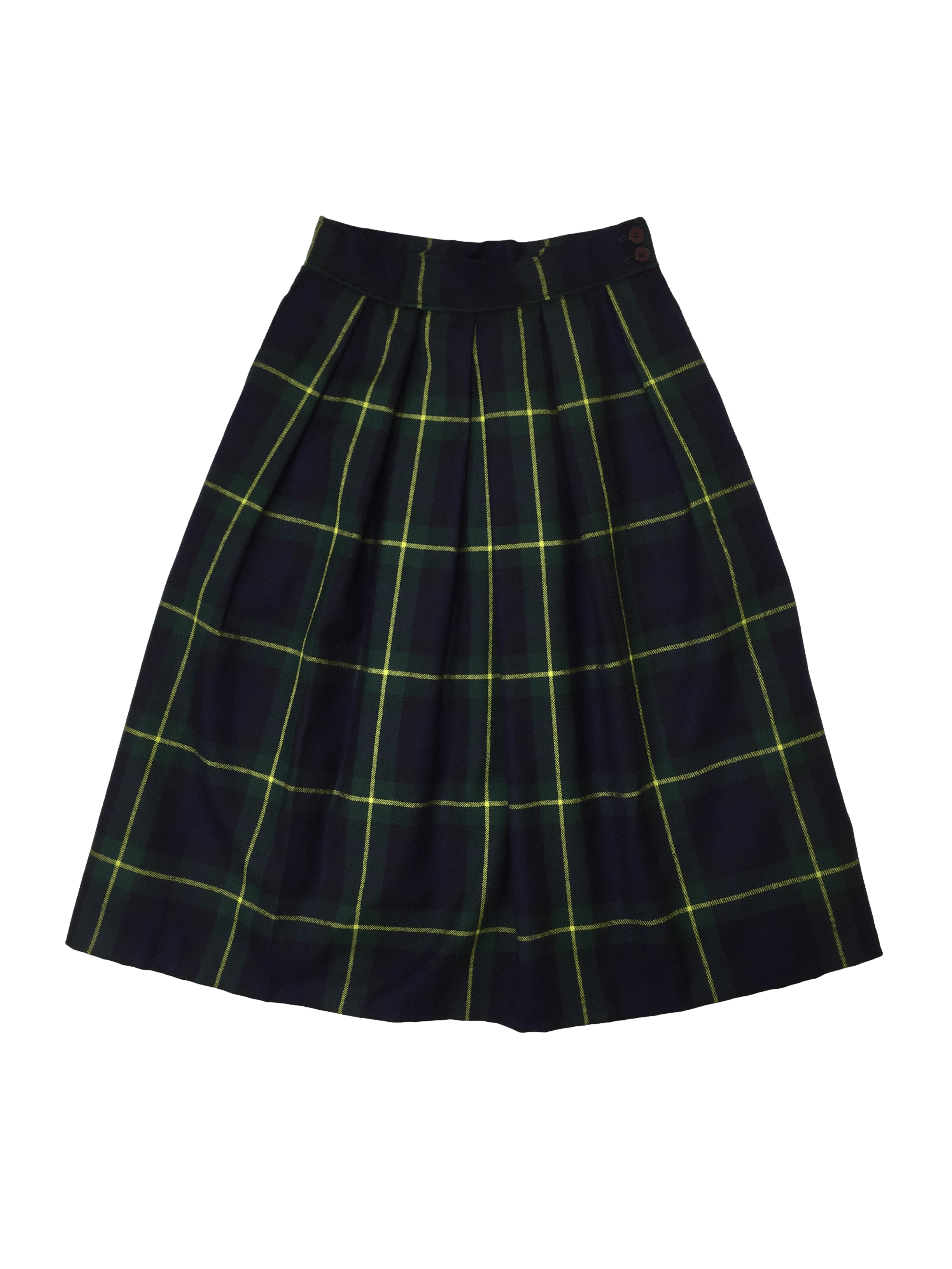 Falda vintage a cuadros escoceses en verde, azul y amarillo. 100% lana con bolsillos laterales. cintura 66 cm y largo 70 cm. 
