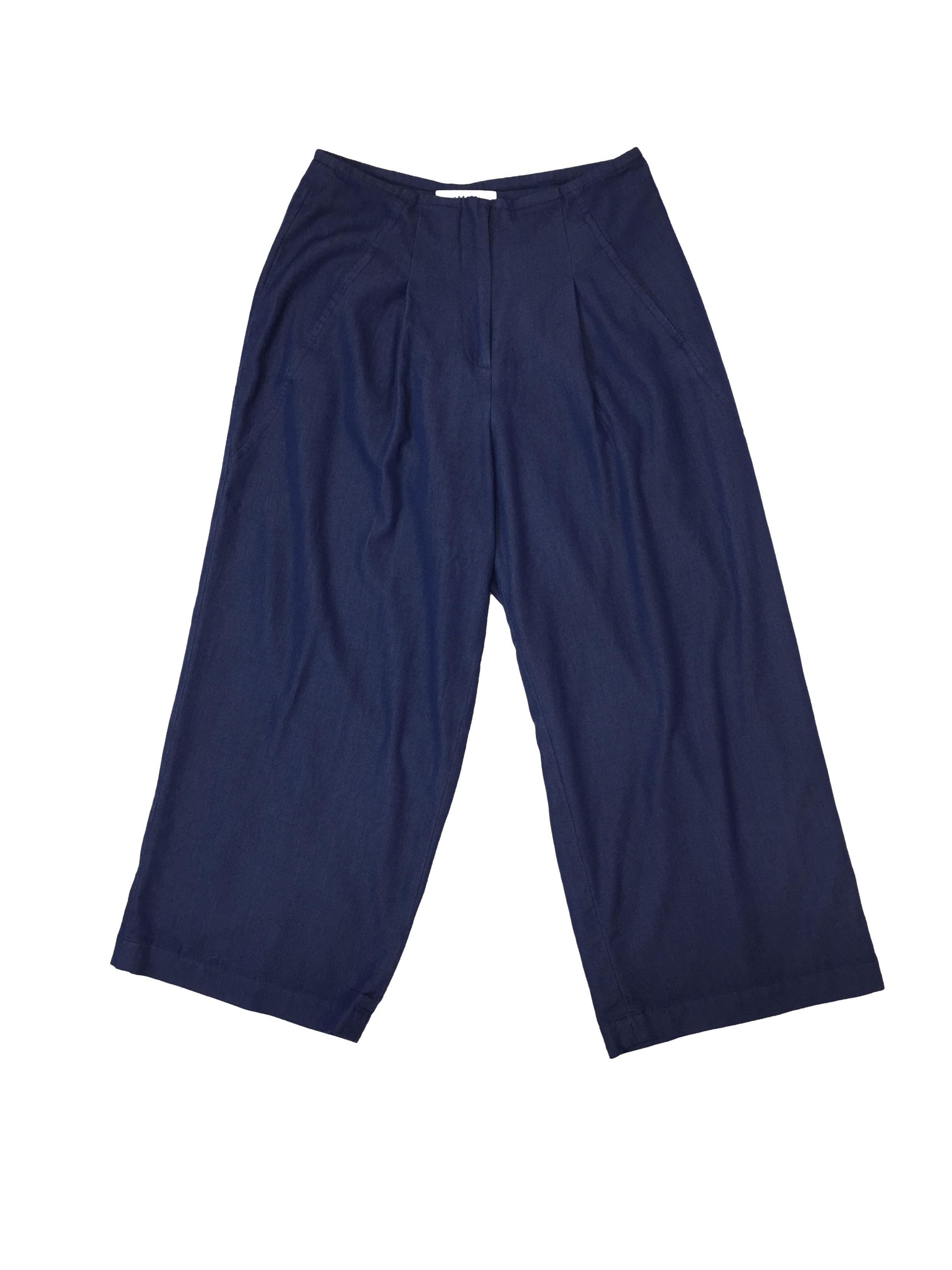 Pantalón culotte Veplen azul de chambray , con pinzas delanteras y bolsillos, cintura 70cm, tiro 52cm.largo 83cm.