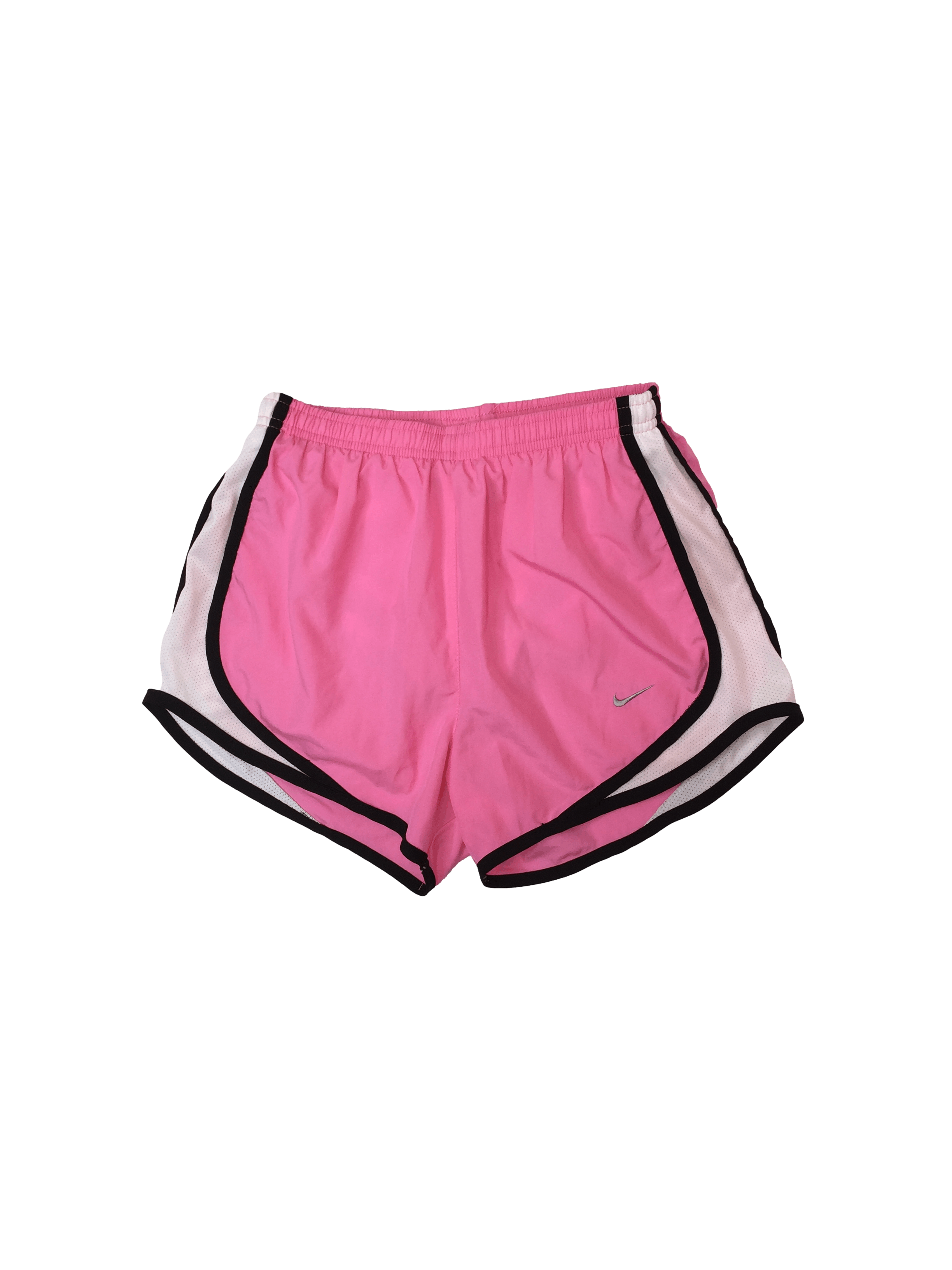 Short deportivo Nike rosado con franjas blancas y negras cintura elástico 60cm sin estirar, largo tiro 58cm.