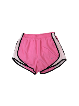 Short deportivo Nike rosado con franjas blancas y negras cintura elástico 60cm sin estirar, largo tiro 58cm.