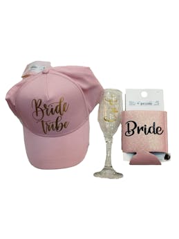 Pack novia de copa de cristal, gorra rosa y portavaso con estampado de letras ''Bride''
