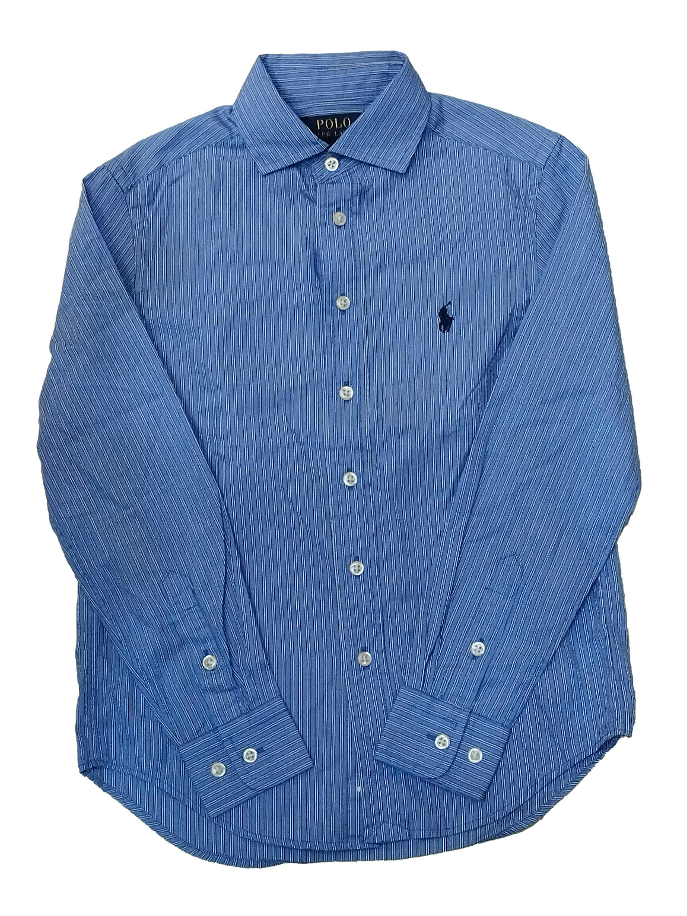 Camisa Ralph Lauren azul a rayas blanco, botones delanteros y en puños. Pecho: 80 cm, Largo: 51 cm