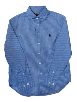 Camisa Ralph Lauren azul a rayas blanco, botones delanteros y en puños. Pecho: 80 cm, Largo: 51 cm