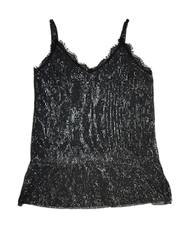 Blusa Opposite negra con brillos, tirantes ajustables, cuello V con encaje negro y forro interno Busto 75 cm Largo 48 cm