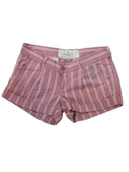 Short Abercrombie & Fitch palo rosa con líneas blanco y verde, bolsillos, cierre y botón delantero, doblez en la basta. Cintura: 70 cm, Tiro: 16 cm, Largo: 28 cm