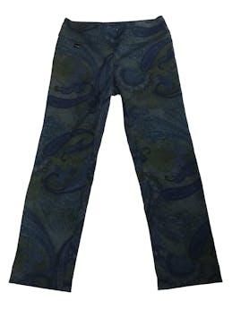 Pantalón Lisette Montreal en tonos verde y azul con estampado paisley. Cintura: 70 cm, Tiro: 22 cm, Largo: 90 cm