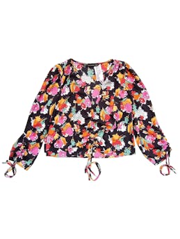 blusa Zara color negro, manga larga, estampado de flores en tonos primaverales, escote en v, ligero recogido en hombros, detalle de recogido en pecho. Busto 92 cm. largo 49 cm. 