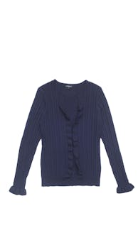 Chompita 100% lana azul tejida, volantes en el pecho y puños. Busto: 100 cm, Largo: 65 cm