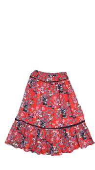 Falda vintage roja floreada, cierre lateral invisible y pasador para anudar. Cintura: 62 cm, Largo: 66 cm
