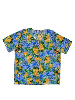 Blusa vintage manga corta floreada en color azul, amarillo y verde, botones delanteros. Busto: 110 cm, Largo: 70 cm