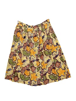 Falda vintage100% algodón amarilla, estampado de flores marrón, botones delanteros y pinzas. Cintura: 80 cm, Largo: 75 cm