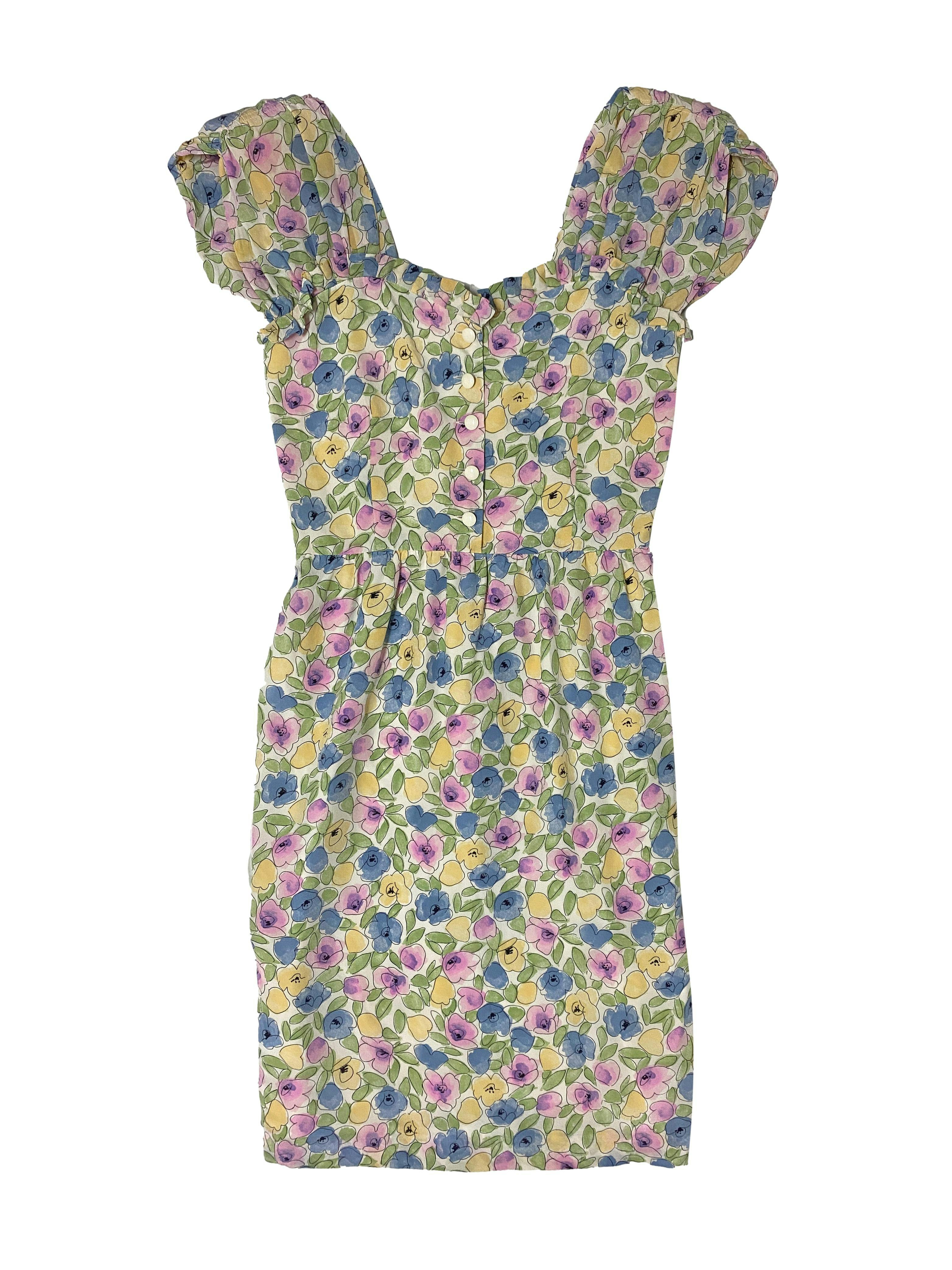 Vestido vintage floreado en tonos pastel, tirantes anchos, cierre lateral invisible, forrado. Busto: 80 cm, Largo: 102 cm