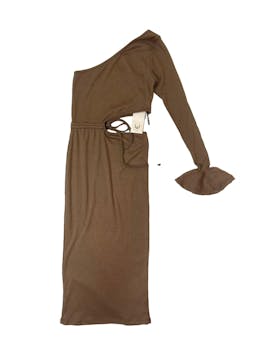 Vestido Kavaliana marrón ceñido one shoulder y cintura cut out con tirantes para amarrar Busto: 70 cm (sin estirar) Largo: 117 cm. Nuevo, con etiqueta. Precio Original 189 soles