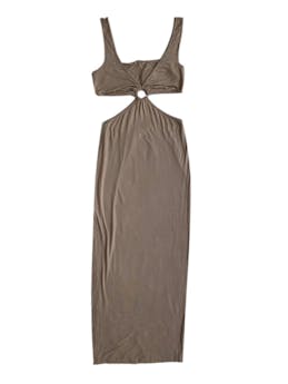 Vestido Privatta beige escotado, espalda abierta y falda con abertura lateral. Ancho top: 80cm, Cintura: 64cm (sin estirar), Largo: 147cm.