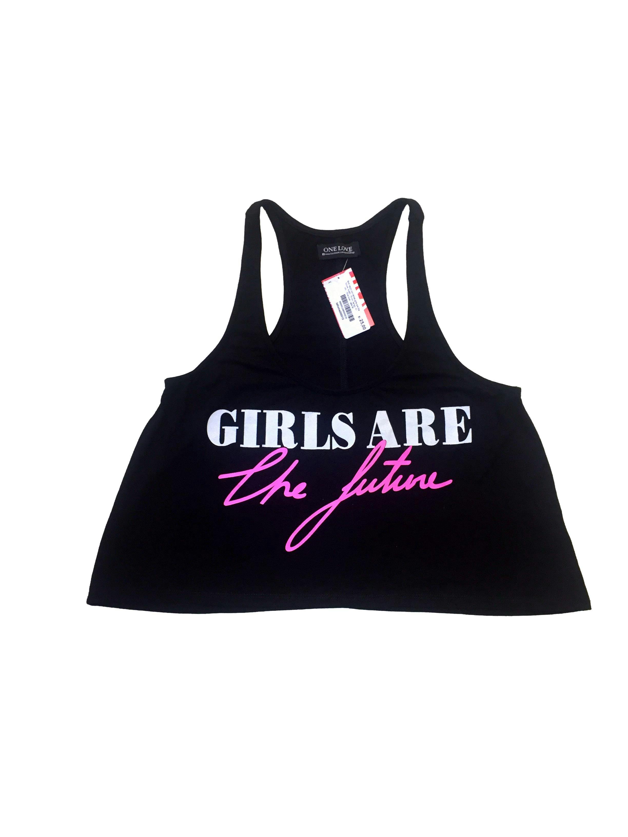 Bvd negro con letras Girls are the future. Busto: 74 cm. Larrgo: 41 cm.