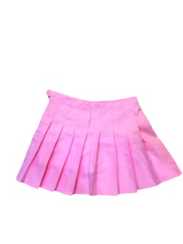 Falda rosada con pliegues, con forro y cierre y boton a un costado. Cintura: 72 cm. Largo: 39 cm.