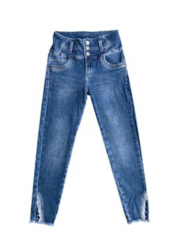 Pantalón skinny jean Pionier con detalle de rasgado y perlas blancas en la basta. Cintura: 60cm, largo: 85cm