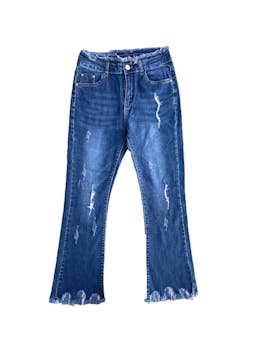 Pantalón Jean rasgado en la cintura, piernas, y basta. Cintura: 66cm, largo: 85cm