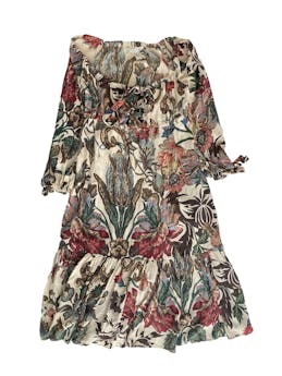 Vestido Diane Von Furstenberg blanco con estmpados florales multicolor y diseños marrones, mangas largas, lazo para amarrar en el pecho. Busto: 94cm, Largo 100cm. 95% seda. Costo original 550 USD.