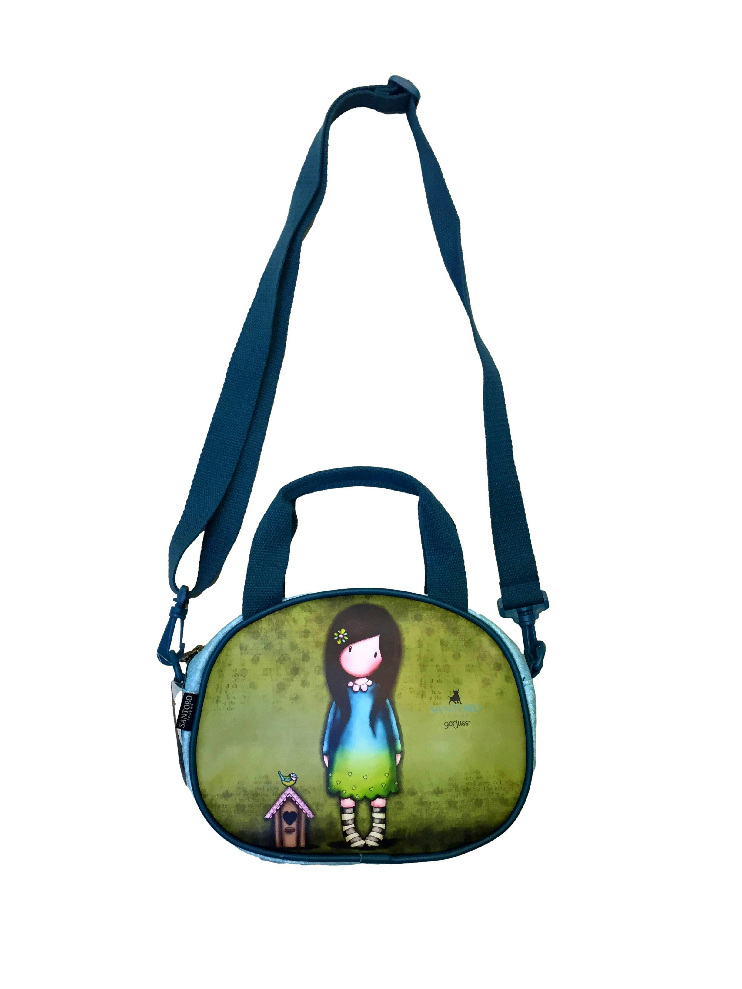 Cartera morral en color verde con celeste , estampado de muñeca , asas regulables