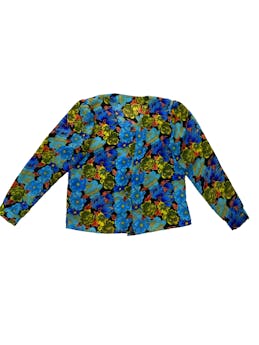 Blusa Vintage en gasa, en color turquesa y flores amarillas, verde y azules, manga larga, botones plateados con centro azul, busto: 102 cm, largo: 60 cm