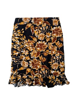 Falda de chalis con estampado floral negro con amarillo y marrón,vuelo en basta y elástico en cintura trasera. Cintura 64 cm. largo 47 cm. 