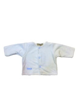 Chompa nueva con etiqueta manga larga blanca con rayas azules y botones para bebés de 0 a 9 meses.